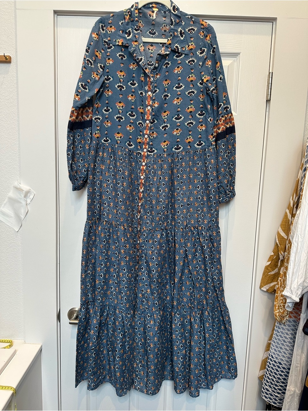 Free People Blue Floral Button-Down Maxi Dress with Rust Accents